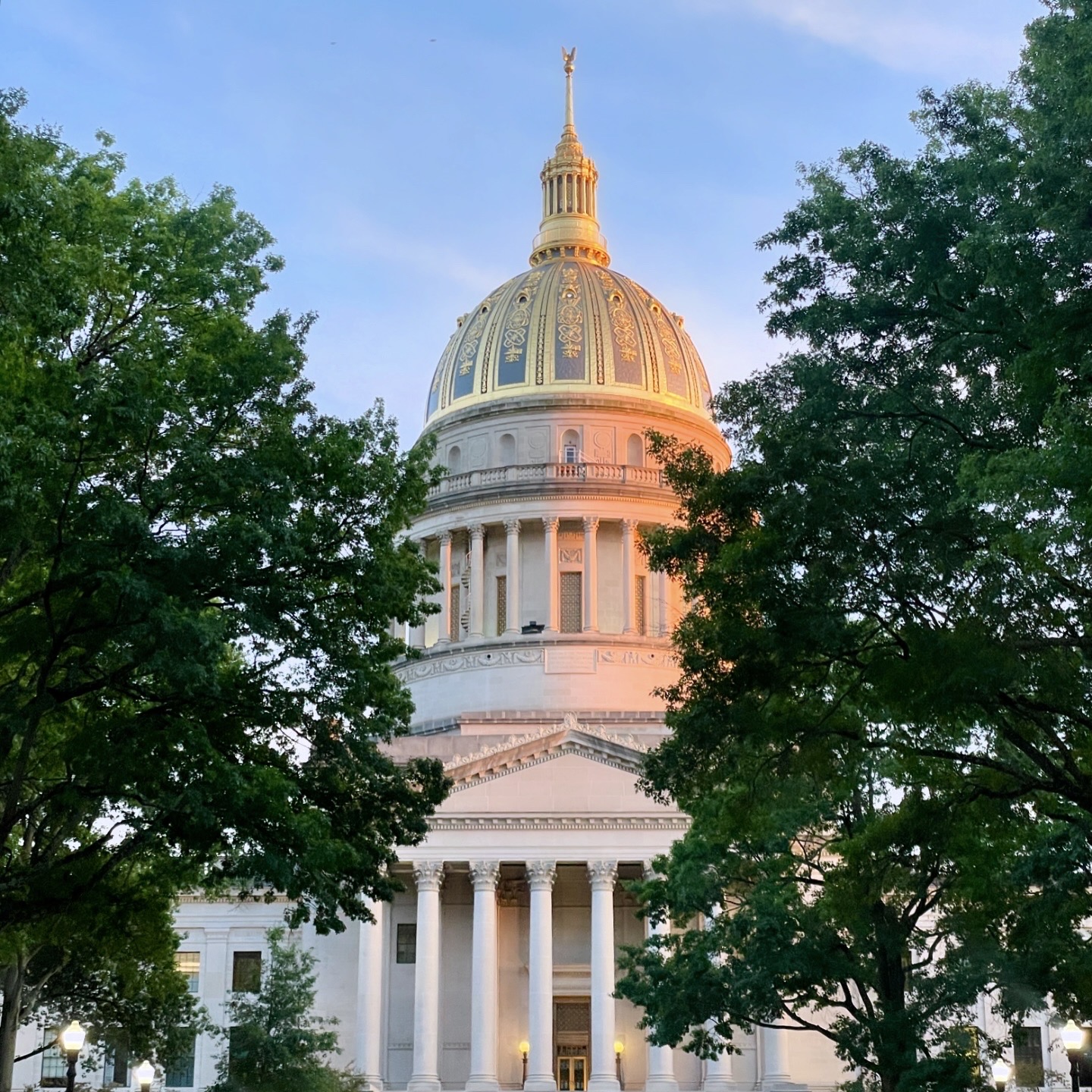 The West Virginia State Capitol dome at sunset